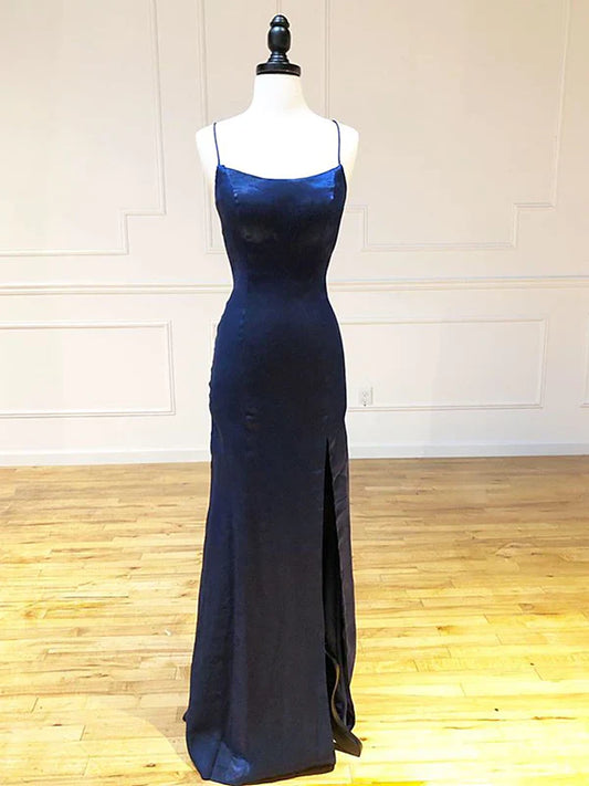 Backless Dark Navy Blue Long Prom Dresses Evening Dresses nv1687