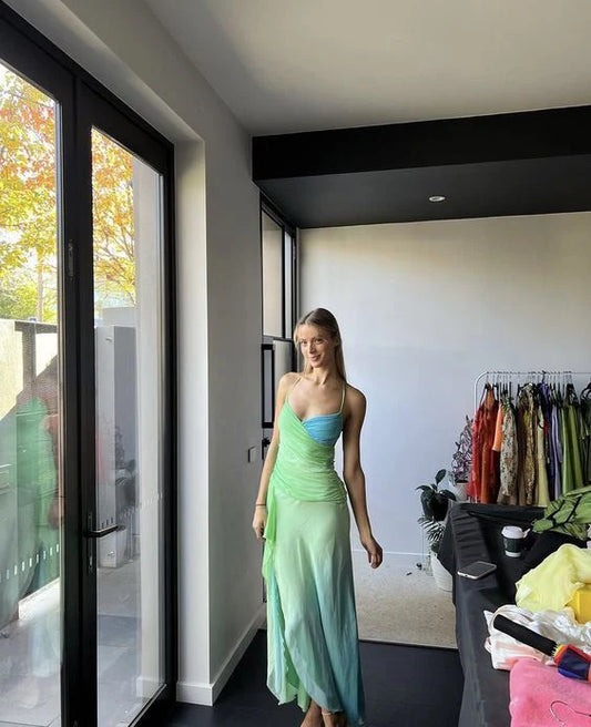 Mermaid Straps Ombre Green Floor Length Backless Prom Dress nv1715