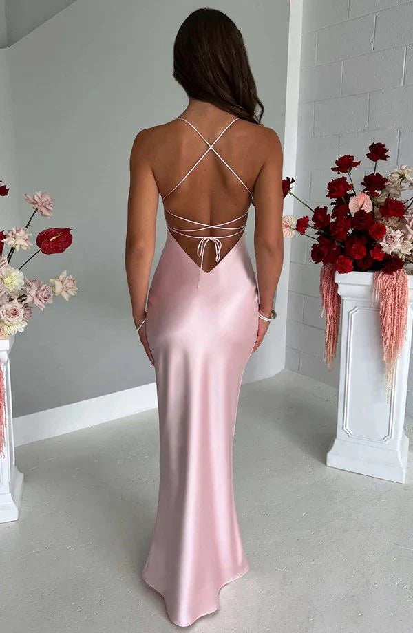 Halter Neck Pink Prom Dresses Sheath Satin Evening Dress nv1634
