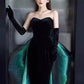 Schwarzes sexy elegantes schulterfreies Meerjungfrau-Lang-Samt-Ballkleid mit Ärmeln Abendkleid Partykleid nv2326