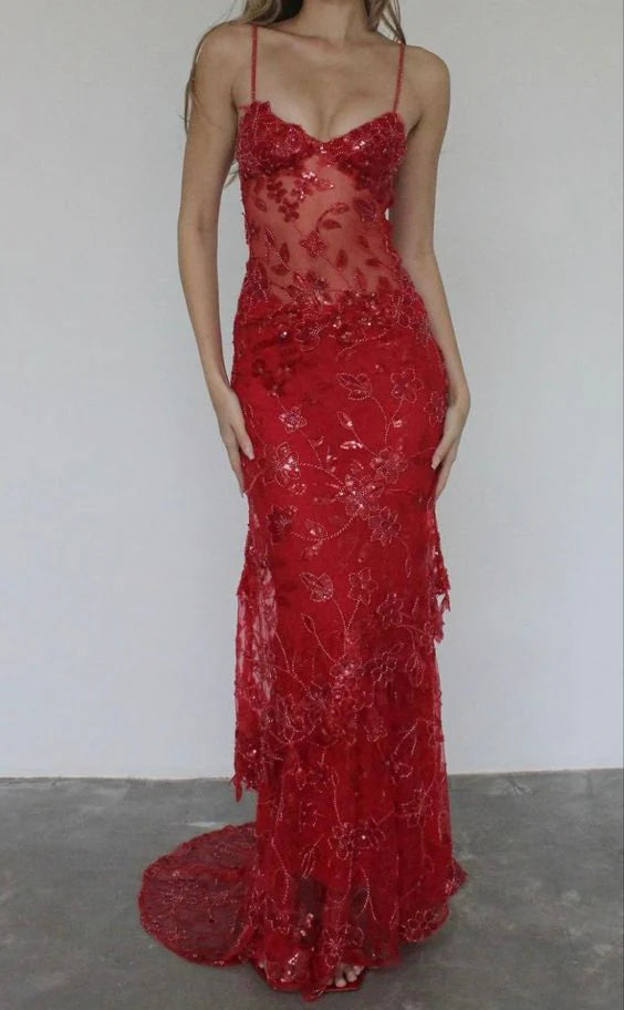 Beautiful spaghetti strap birthday party dress red lace prom dress nv1791