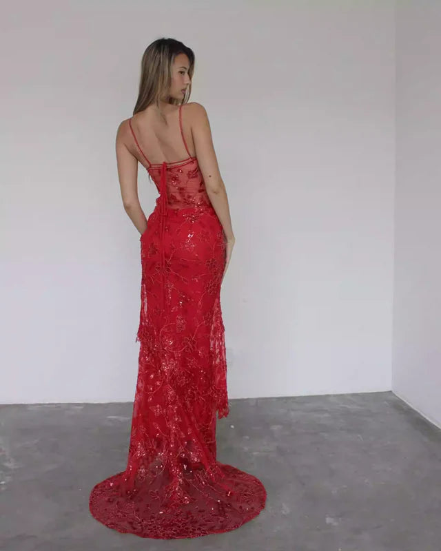 Robe de soirée longue rouge sexy et élégante en dentelle à bretelles spaghetti, robe de bal d'anniversaire, robe de soirée nv1355