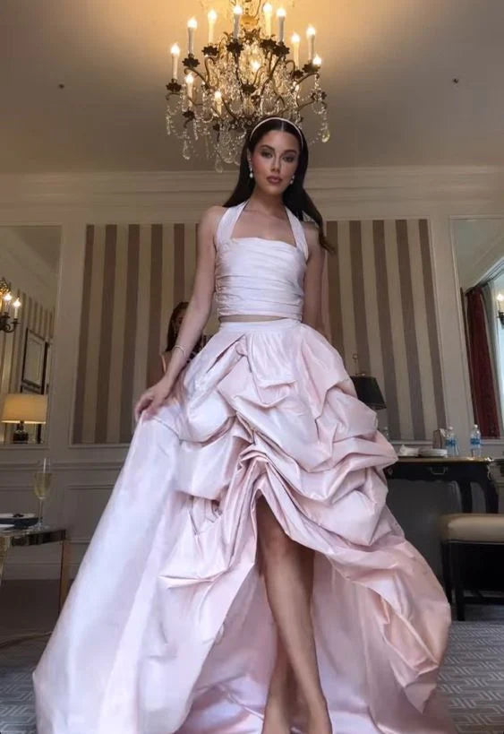 Light Pink Sweetheart Elegant Cute Off-the-shoulder Satin Ruffled Layered Charming Two-piece Long Prom Gown Evening Gown Party Dress nv2555