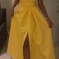 Yellow A-line Simple Elegant Impressive Sleeveless One Shoulder Ruffled Long Slit Ball Gown Evening Gown Party Dress nv2554