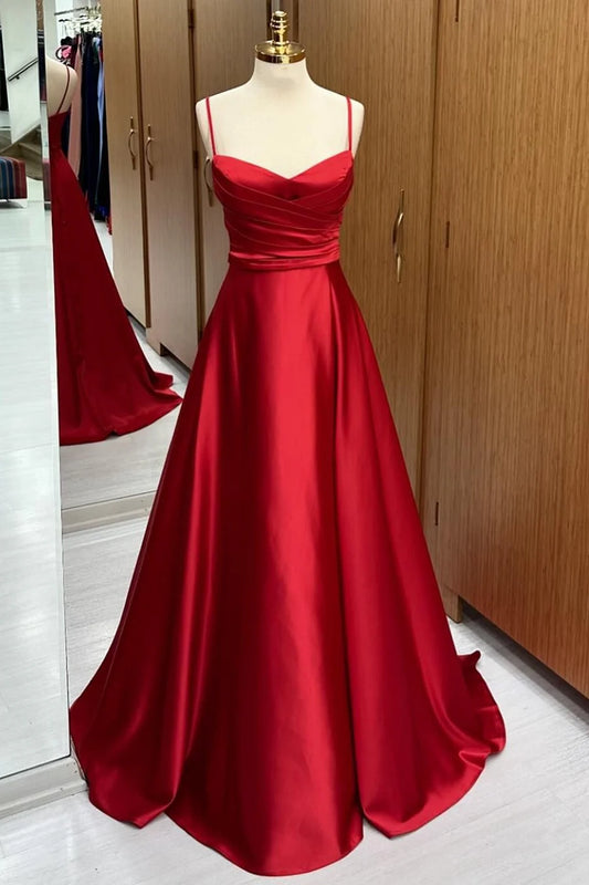 Red Satin Spaghetti Straps Lace-Up A-Line Formal Dresses Evening Dresses nv1559