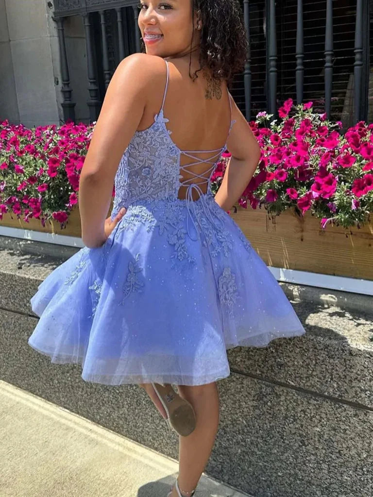 Princess V Neck Open Back Light Blue Lace Prom Dresses, Light Blue Lace Homecoming Dresses, Short Blue Formal Evening Dresses nv1473