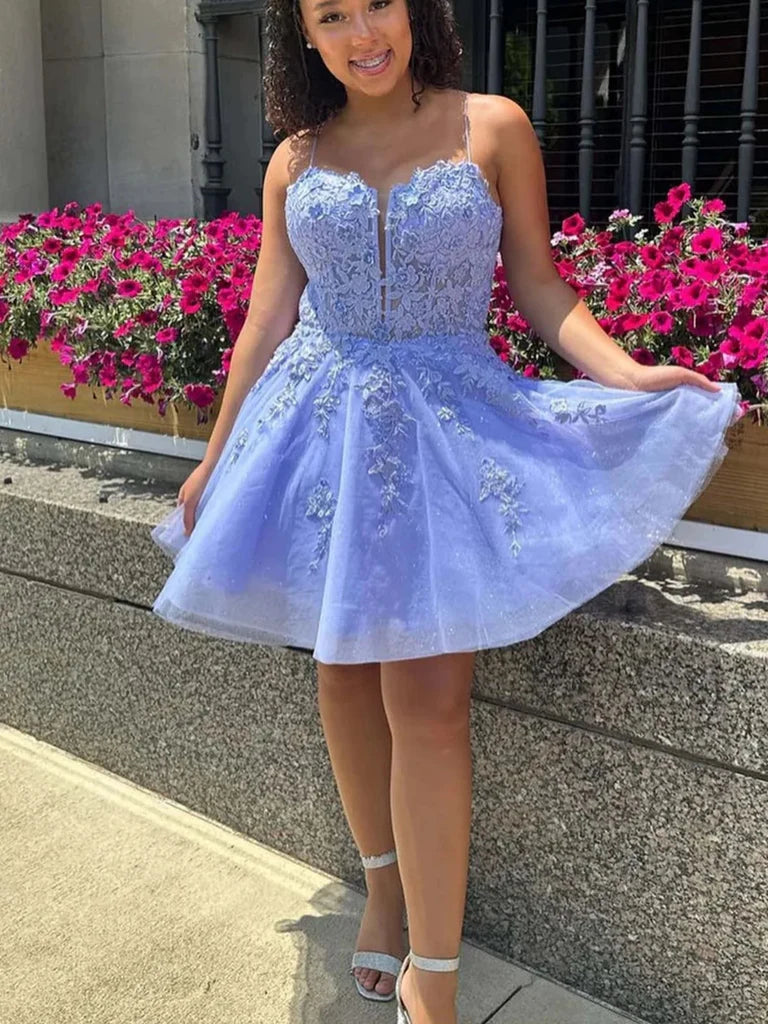 Princess V Neck Open Back Light Blue Lace Prom Dresses, Light Blue Lace Homecoming Dresses, Short Blue Formal Evening Dresses nv1473