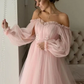 Pink Applique Ruffles Floor Length Long Sleeve A-Line Off Shoulder Long Tulle Elegant Ball Gown Evening Dress nv3217