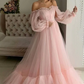 Pink Applique Ruffles Floor Length Long Sleeve A-Line Off Shoulder Long Tulle Elegant Ball Gown Evening Dress nv3217