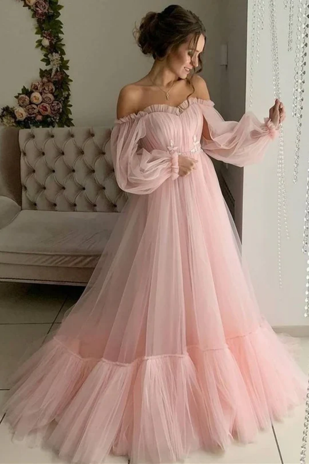 Pink Applique Ruffles Floor Length Long Sleeve A-Line Off Shoulder Long Tulle Elegant Ball Gown Evening Dress nv3217