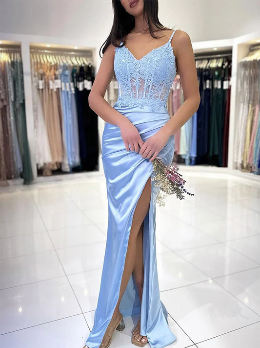 Blue V Neck Satin Lace Mermaid Long Prom Dress, Blue Long Formal Dress nv1606