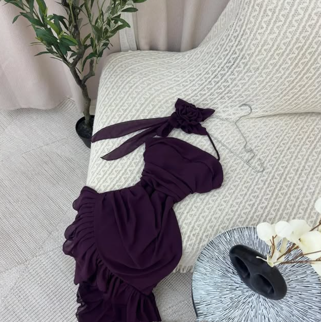 Purple fashion elegant floral long Chiffon ruffled ball gown evening dress party dress nv3561