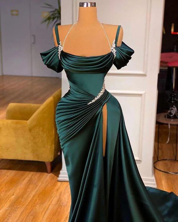 Dark Green Gorgeous Fashion Sexy Spaghetti Straps Ruffled Long Satin Floor Length Train Formal Mermaid Ball Gown Evening Dress Party Dress nv3657