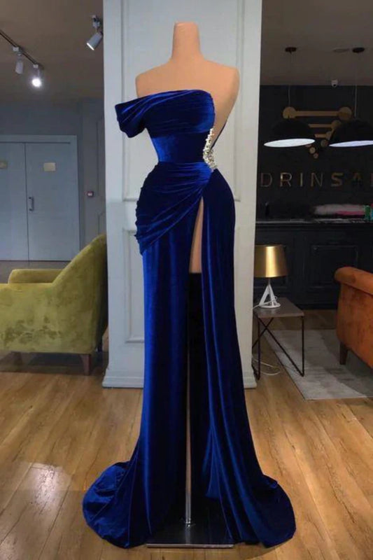 Blaues, einschultriges, langes Ball-/Abendkleid mit Schlitz nv1