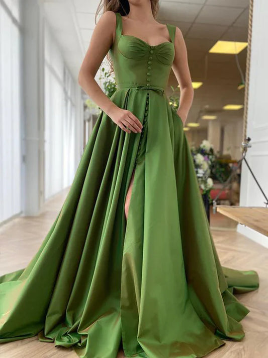 Green trailing strap sleeveless satin ruffled ball gown evening dress nv1919