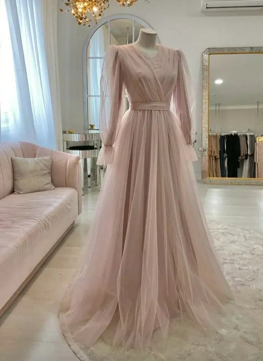 Pink A-line Long Sleeve Elegant Ball Gown Evening Dress nv1967