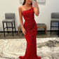 Red sequined mermaid one shoulder ball gown evening dress nv2009