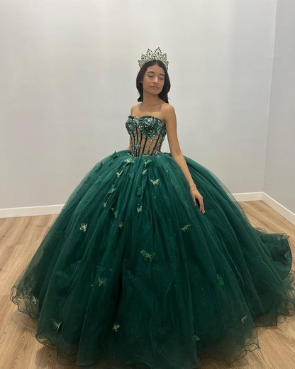 Green tulle sweet 16 years old long prom dress nv1125