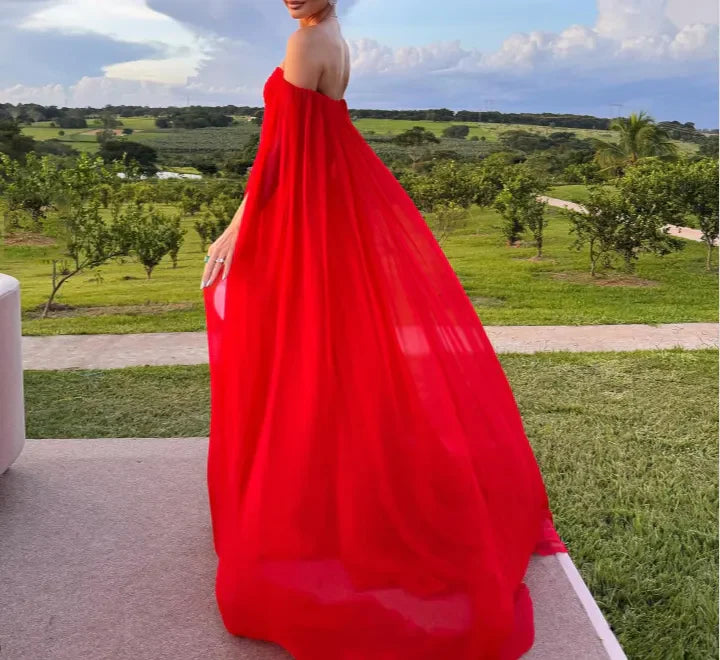 Red Off-the-shoulder Long A-line Ball Gown Elegant Chiffon Formal Party Dress with Train Evening Gown nv1974