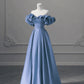 Unique Blue Simple A-line Satin Off-shoulder Long Evening Dress Party Dress Prom Dress nv2051