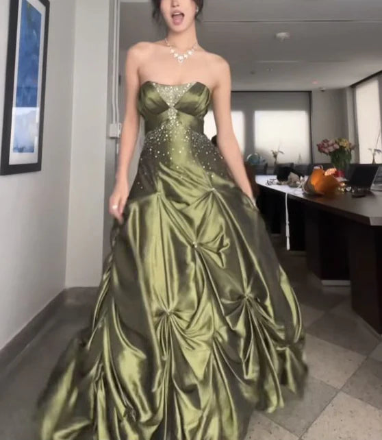 Robe de soirée longue sans manches en satin vert, robe de bal formelle nv2021