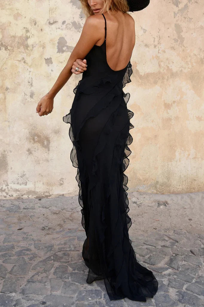 Black Fashion Elegant Ruffle Long Mermaid Slim Tulle Ball Gown Evening Dress Wedding Guest Party Dress nv3212