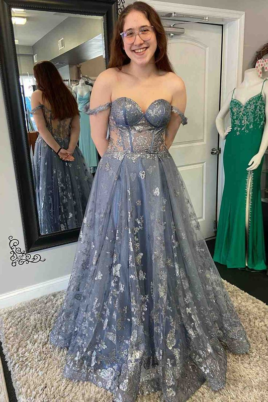 Dusty Lavender A-line Off-the-Shoulder Prints Tulle Long Prom Dress nv1285