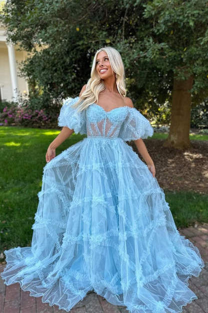 Charming A Line Off the Shoulder Blue Tulle Prom Dresses nv1310