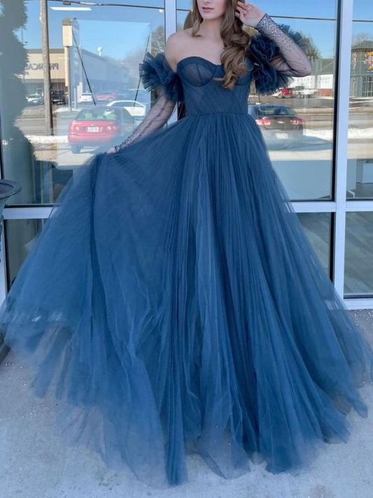 Blue tulle long prom dress, blue long sleeves evening dress nv1291