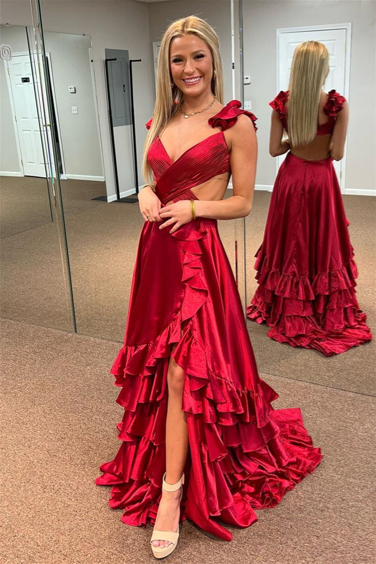 Red Ruffled Crossed Top Hi-Low Layers Long Prom Dress nv1293