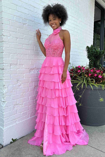 High Neck Ruffle Chiffon Long Prom Dress with 3D Flower nv1307