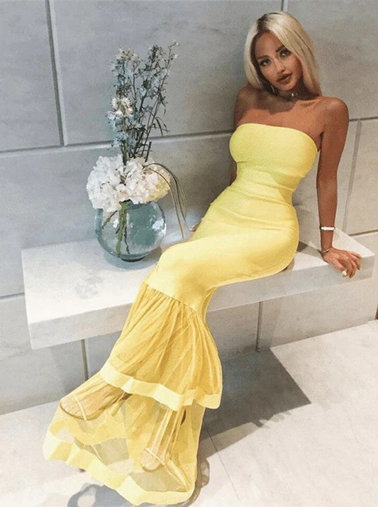 Strapless Yellow Sheath Prom Dress with Sheer Skirt nv1270