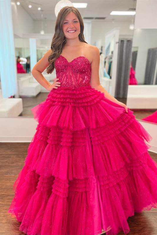 Fuchsia Multi-Layers Strapless Appliques A-line Tulle Long Prom Dress nv1290