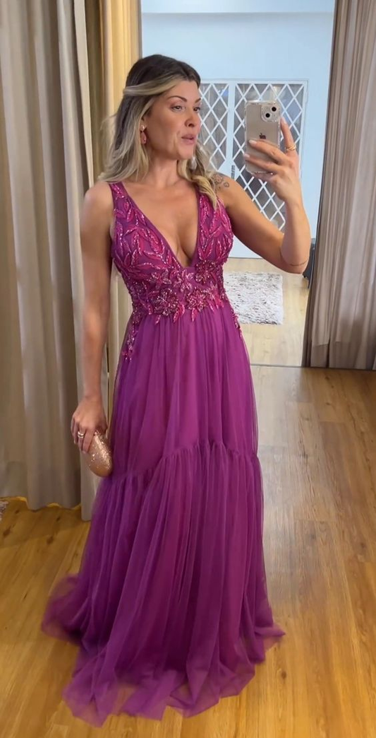 Purple V Neck A Line Prom Dress Tulle Evening Dress nv1169