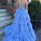 Blue Sweetheart Tiered Tulle Long Prom Dress with Appliques nv1231