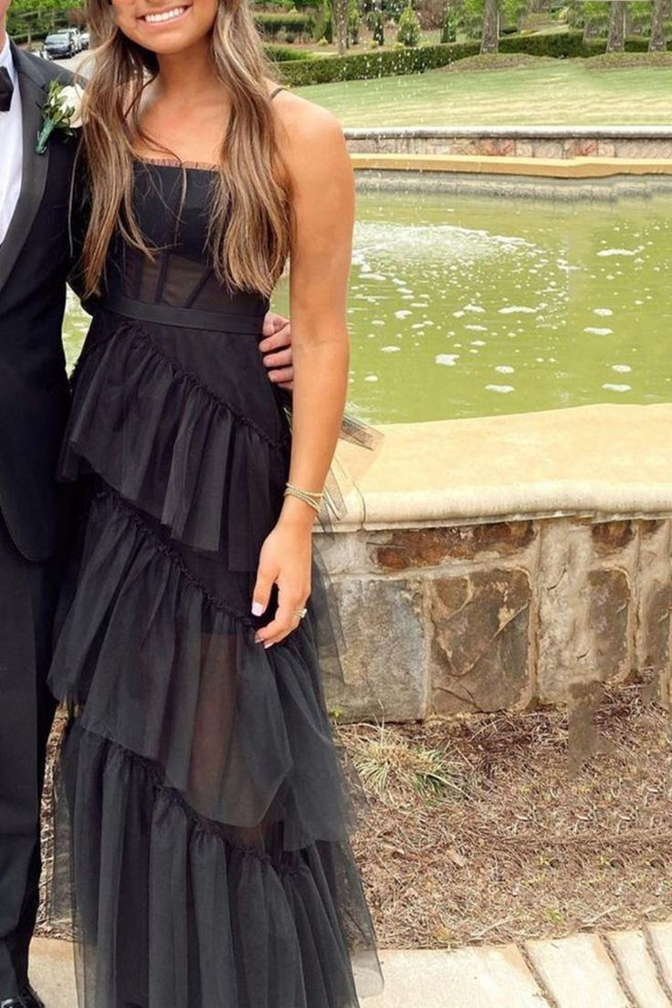 Elegant Open Back Layered Black Tulle Long Prom Dress, Black Tulle Formal Graduation Evening Dress  nv1288