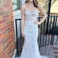 White Sequin Lace Strapless Long Formal Dress with Balloon Sleeves nv1228