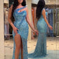 Vintage Blue Beadings Strapless Mermaid Prom Dress With Split nv1362