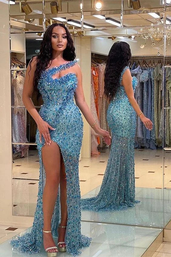 Vintage Blue Beadings Strapless Mermaid Prom Dress With Split nv1362