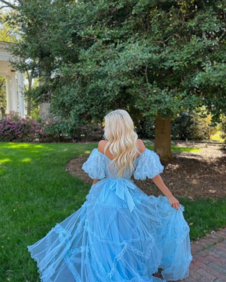 Charming A Line Off the Shoulder Blue Tulle Prom Dresses nv1310