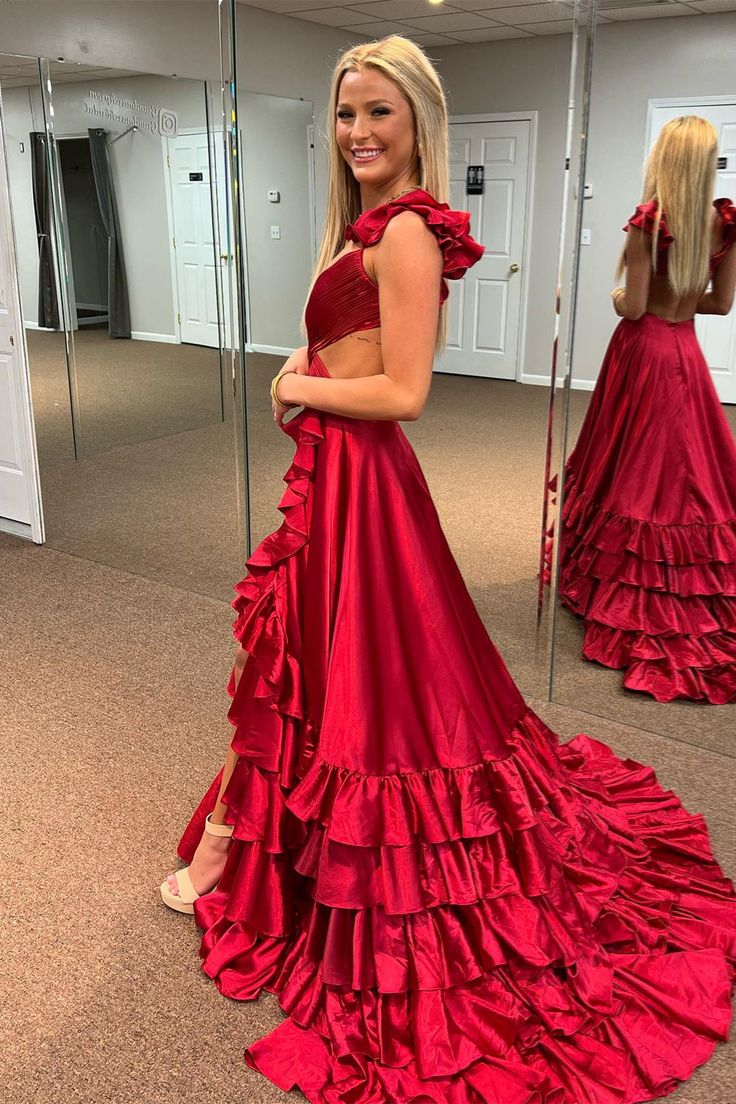 Red Ruffled Crossed Top Hi-Low Layers Long Prom Dress nv1293