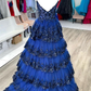 Royal Blue Floral Multi-Layers Sequined Straps Long Prom Dress nv1232