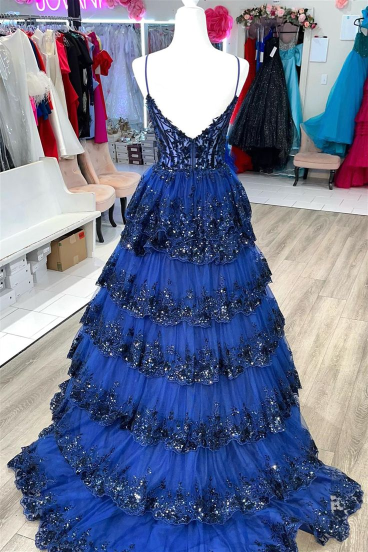 Royal Blue Floral Multi-Layers Sequined Straps Long Prom Dress nv1232