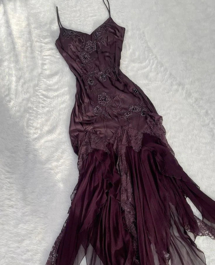 Dark purple fashion exquisite beaded spaghetti straps long satin evening gown prom dress party dress nv1376