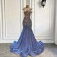 Light Blue Luxury Long Ball Gown Sparkling Mermaid Style Silver Crystal Prom Party Dress Evening Gown nv2000