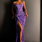 Robe de soirée sexy à bretelles spaghetti serrées violettes brillantes et longues avec fente sur le devant nv1053