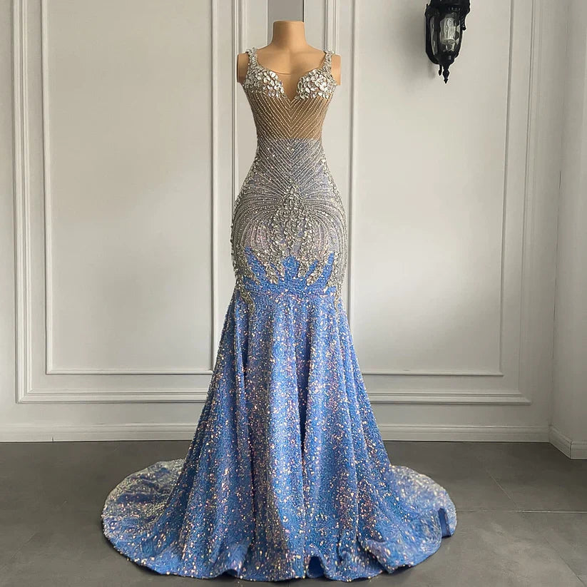 Light Blue Luxury Long Ball Gown Sparkling Mermaid Style Silver Crystal Prom Party Dress Evening Gown nv2000