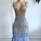 Light Blue Luxury Long Ball Gown Sparkling Mermaid Style Silver Crystal Prom Party Dress Evening Gown nv2000