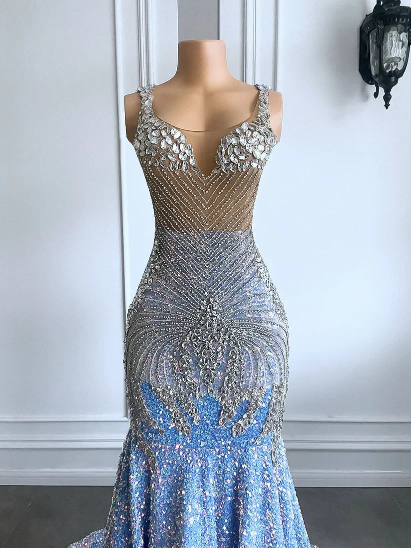 Light Blue Luxury Long Ball Gown Sparkling Mermaid Style Silver Crystal Prom Party Dress Evening Gown nv2000