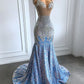 Light Blue Luxury Long Ball Gown Sparkling Mermaid Style Silver Crystal Prom Party Dress Evening Gown nv2000